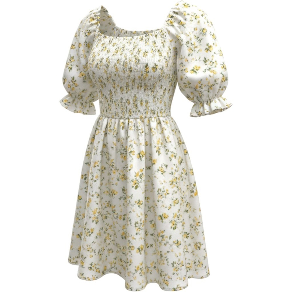 WAYF Floral Smocked Puff Sleeve Dress White Yellow Green Square Neck Small